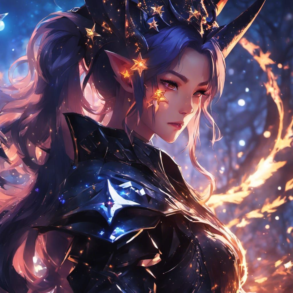 Demoness in Dark Armor Under Starry Sky
