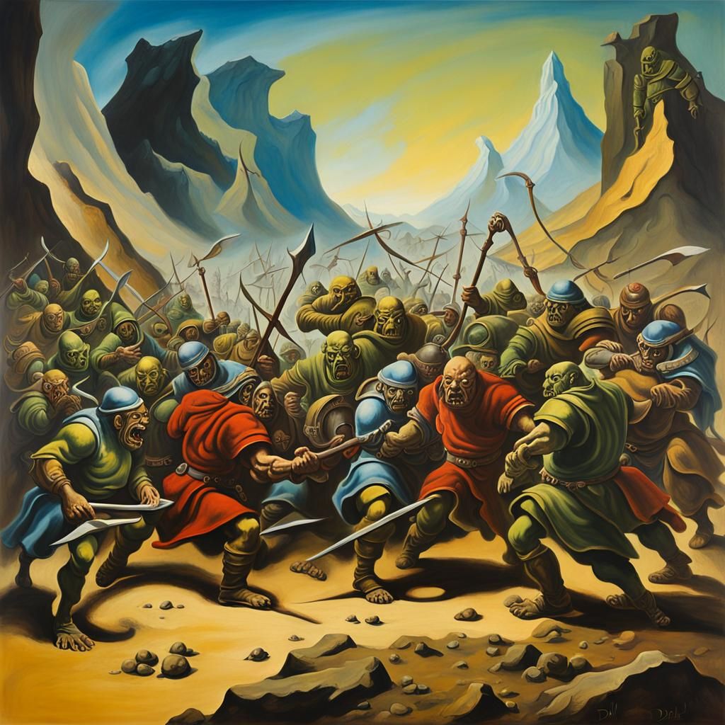 Orcs and Dwarves Battle in Surrealist Style