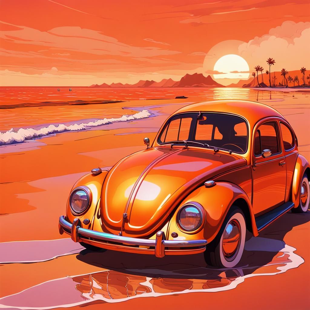 Orange VW Beetle on Futuristic Sunset Beach