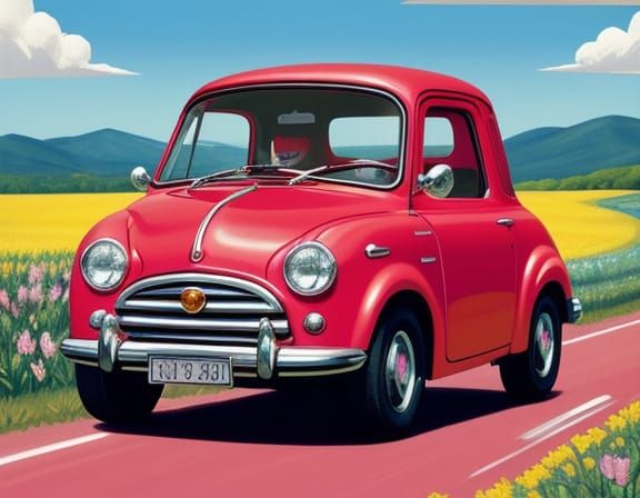 Whimsical Red Car Driving Through Field in Pastel Colors