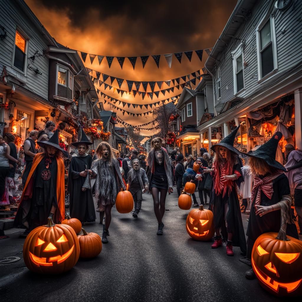Hyperrealistic Halloween Street Party in HDR