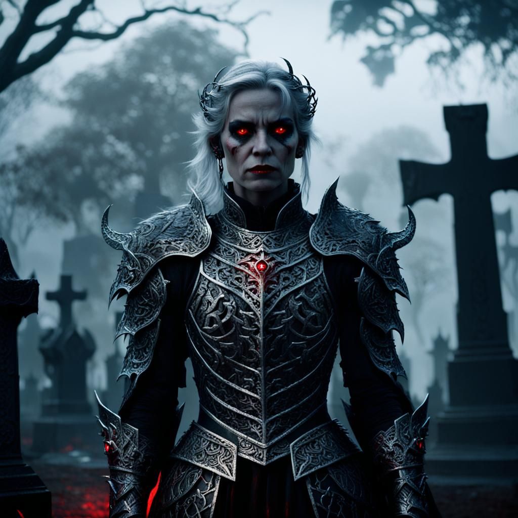 Woman in Draconic Armor with Glowing Red Eyes