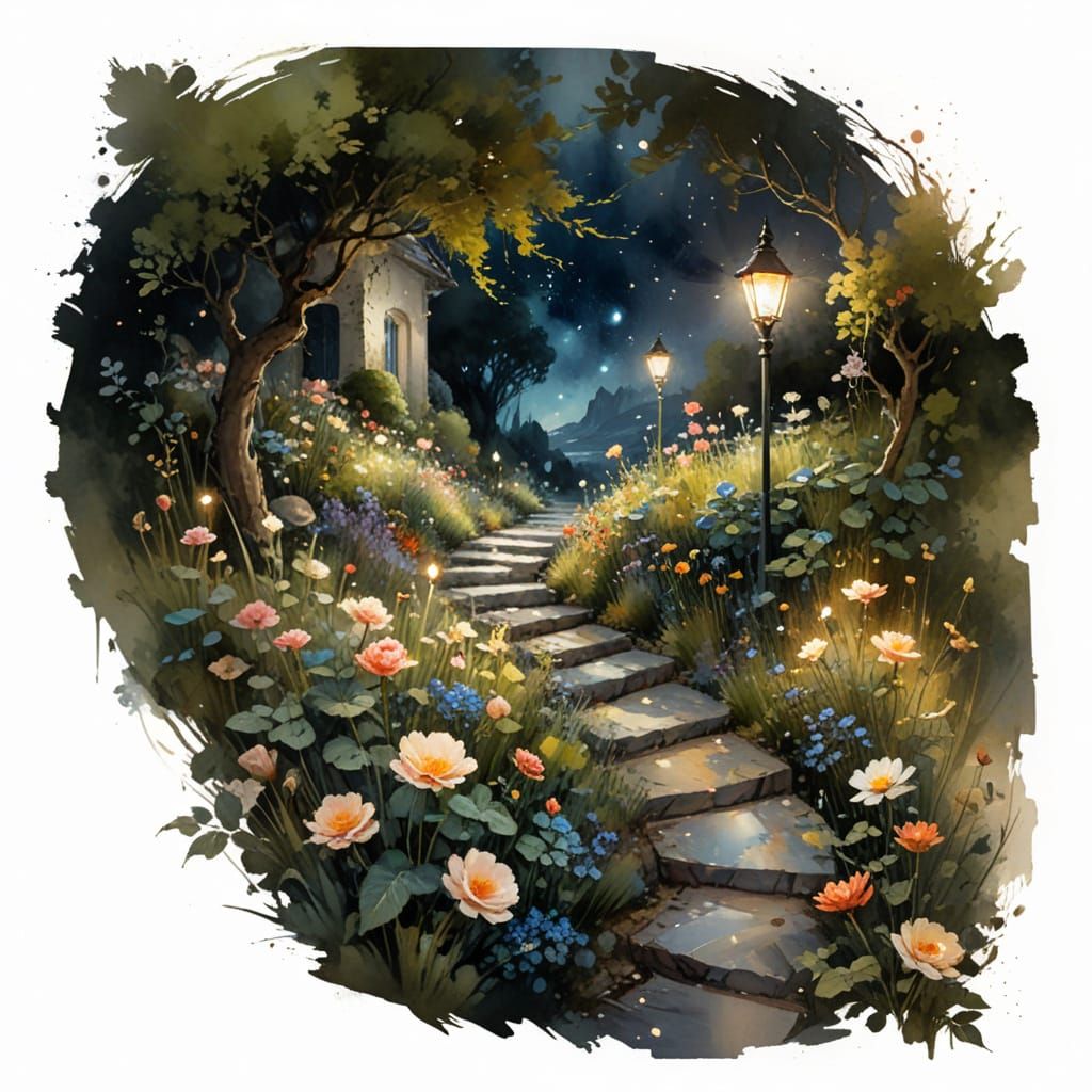 Moonlit Garden Path in Painterly Surrealism Style