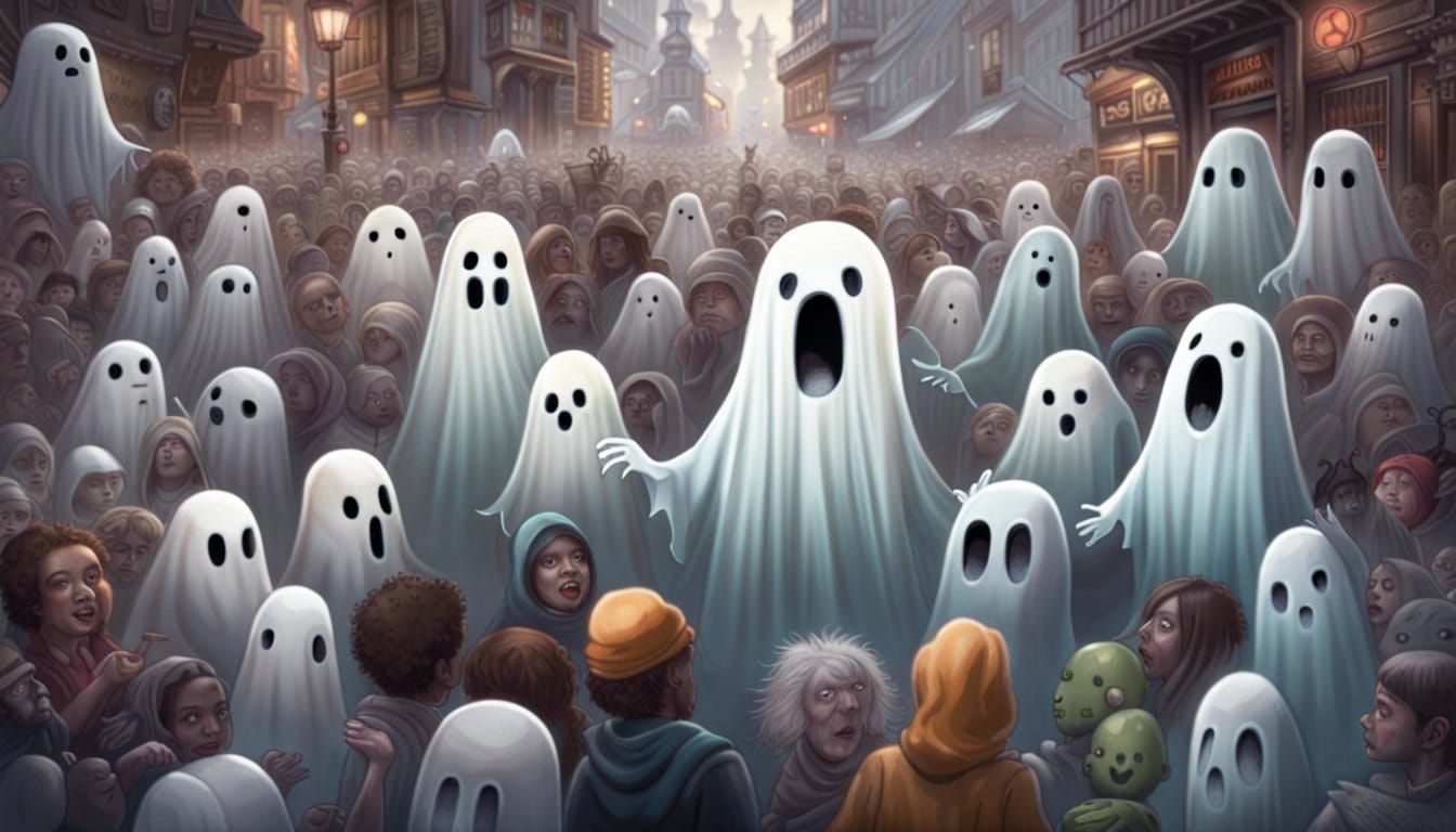 Crowded Scene of Cute Ghosts in Matte Painting
