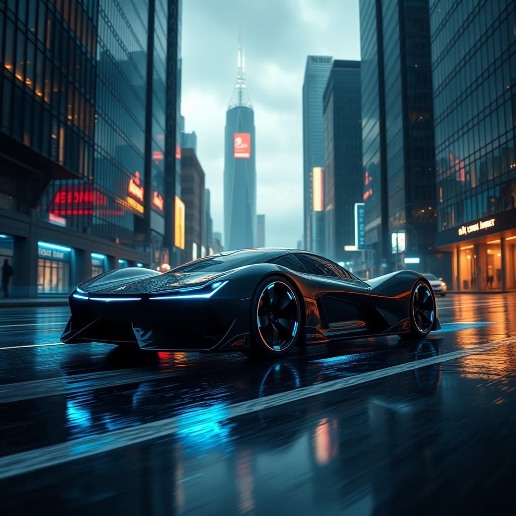 Futuristic Supercar Speeding Through Neon Cityscape