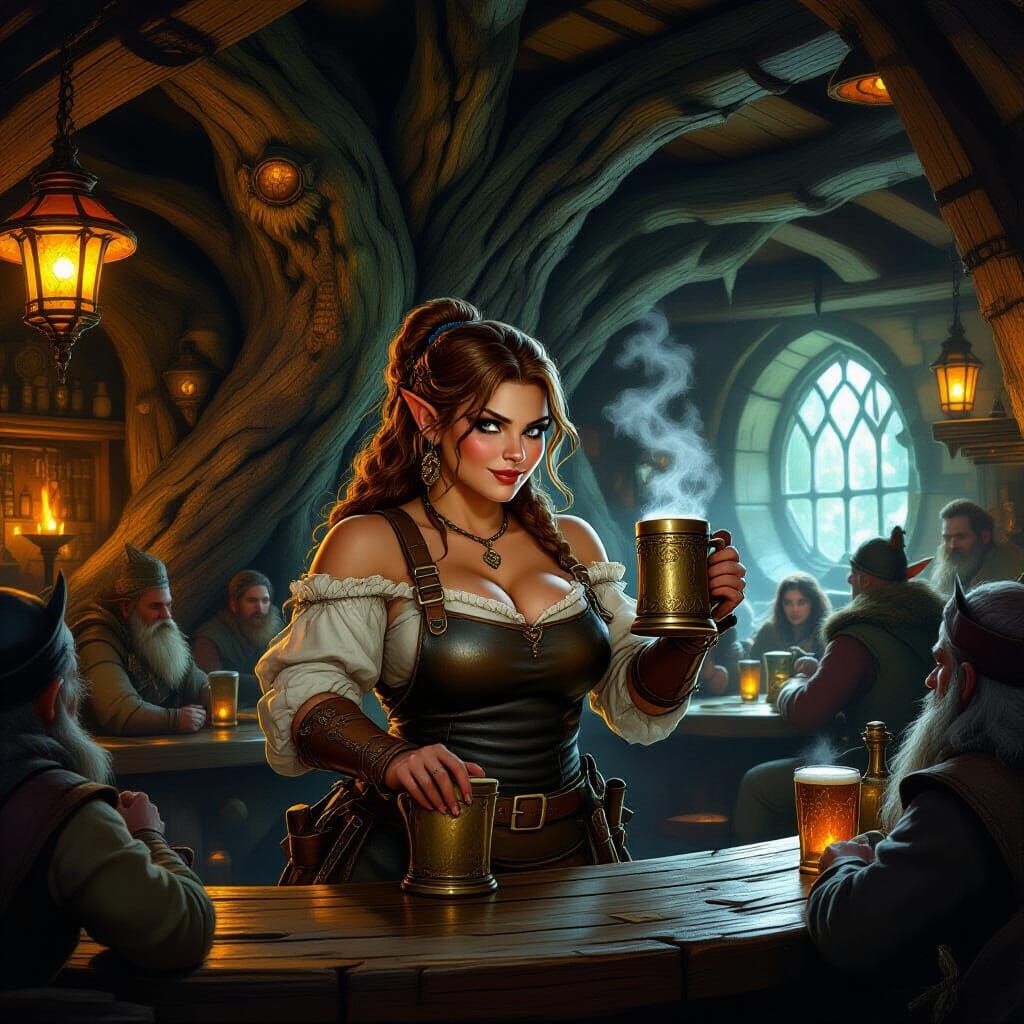 Fantasy Dwarf Bartender in Smoky Tavern