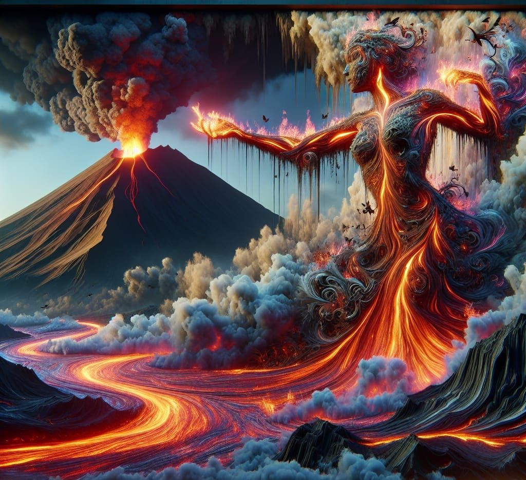 Volcanic Eruption Creates Woman Silhouette in Art Nouveau St...