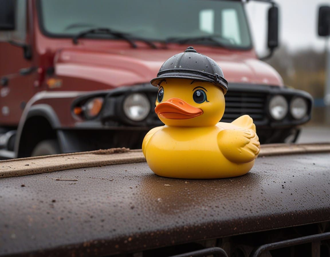 The hood of a large truck with a small rubber duck as a mascot