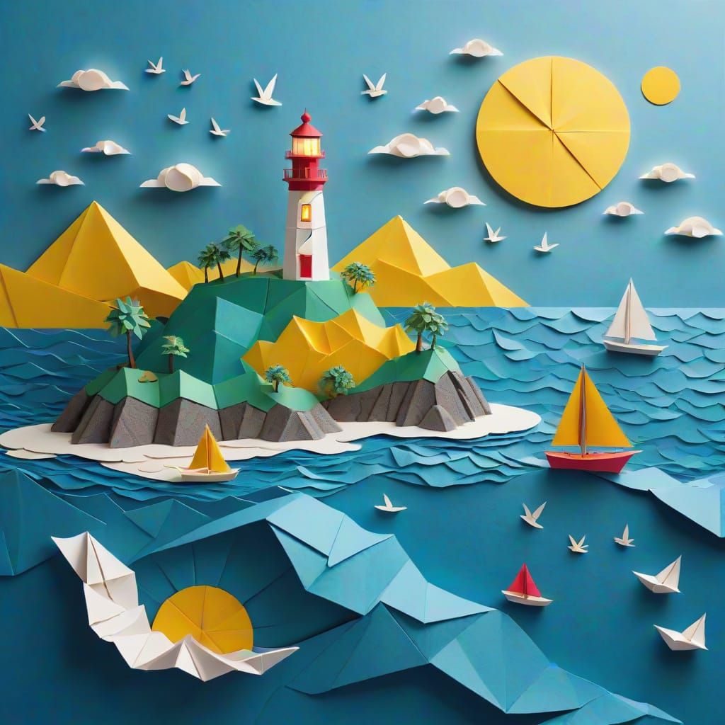 Paper Cutout Islands and Sailboat on Cerulean Sea