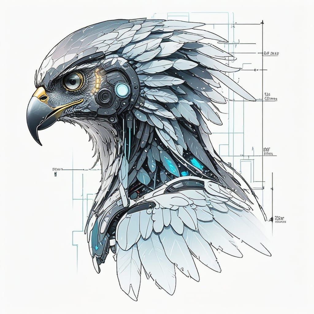 Full body anatomy sketch, about a silver hawk with the body in chromatic colours, product design with details, annotatio...