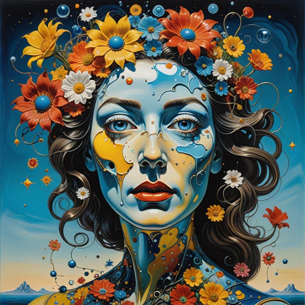 Surreal Clockwork Face with Flowers and Stardust Eyes