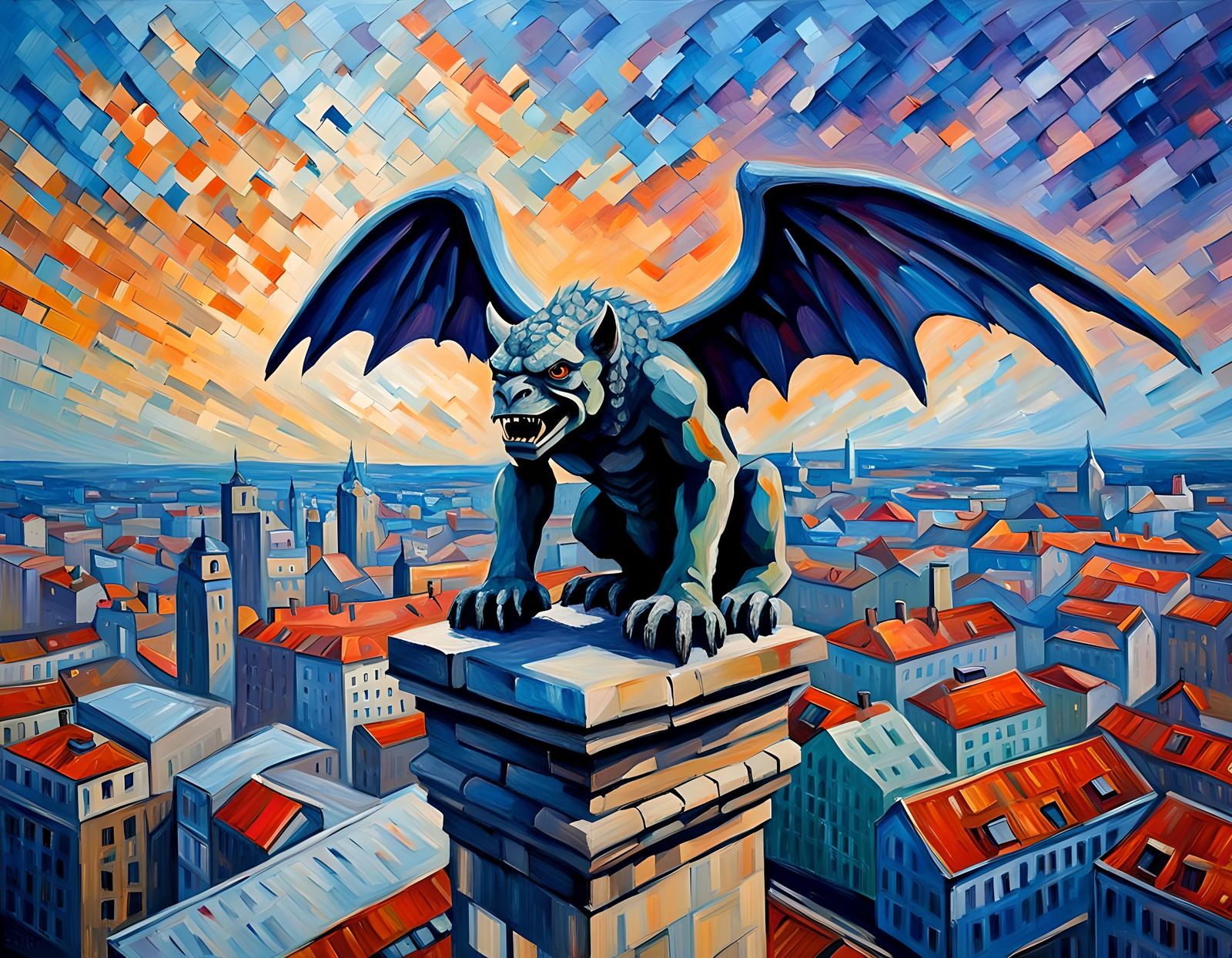 Gargoyle Roaring to Life in Expressionist Oil Painting