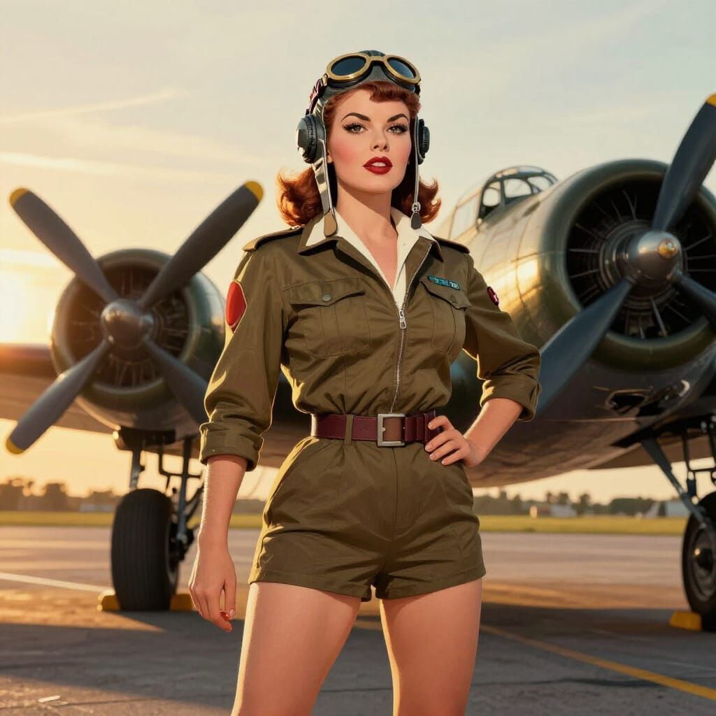 Vintage Military Pin-Up Girl at Golden Hour Sunset