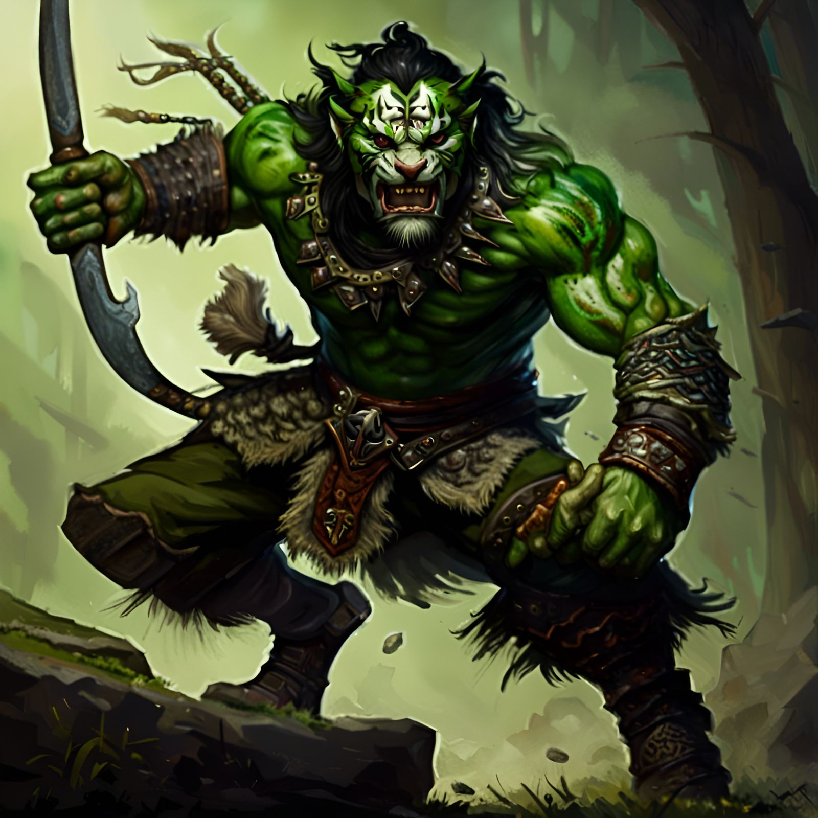 Green Were-Tiger Half-Orc in Slavic Clothing