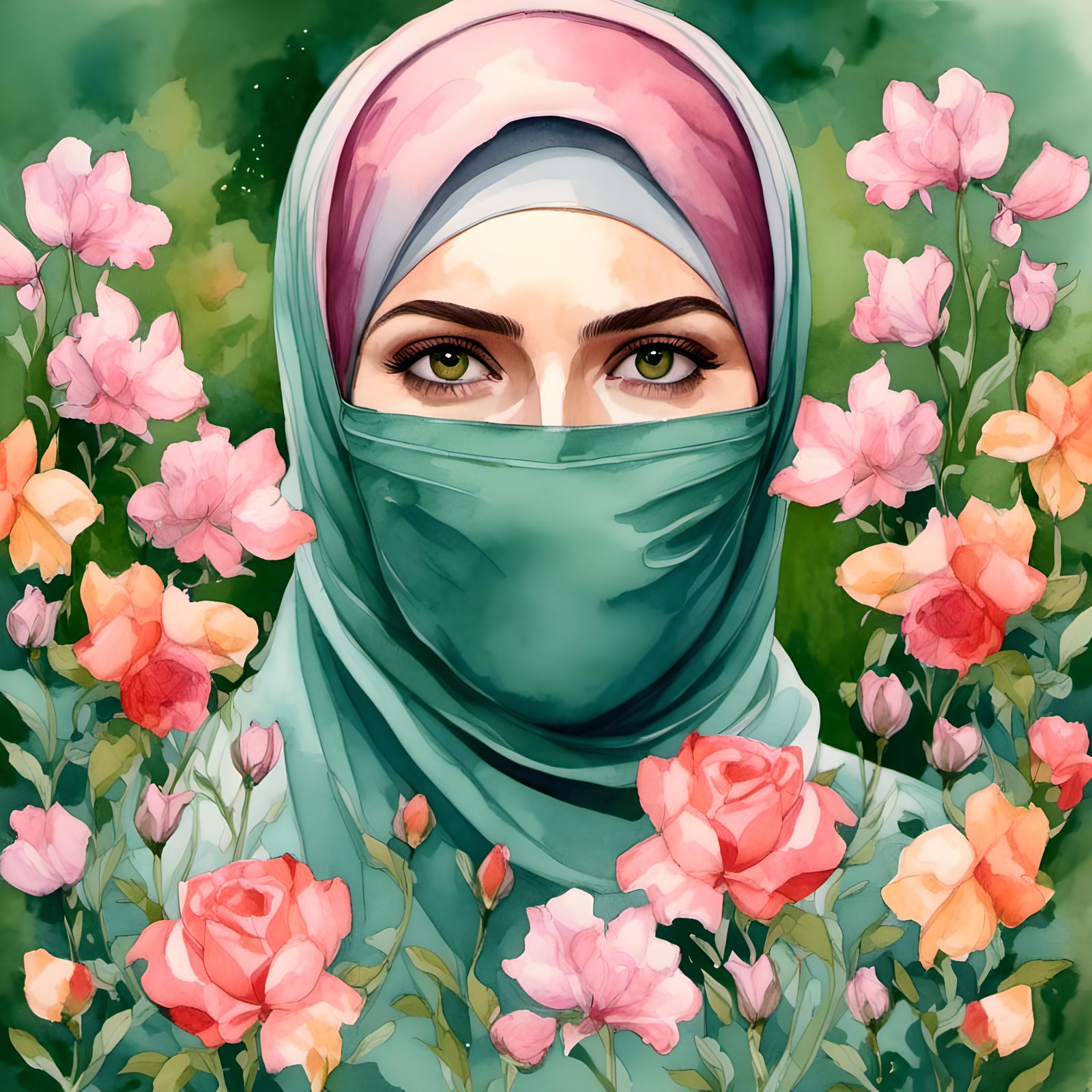 Watercolor Hijabi Woman in Rose Garden with Facemask