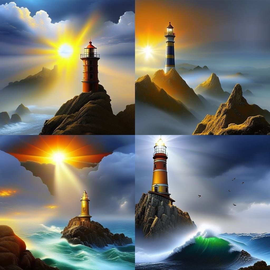 Lighthouse Painting on Cliff Above Rough Sea