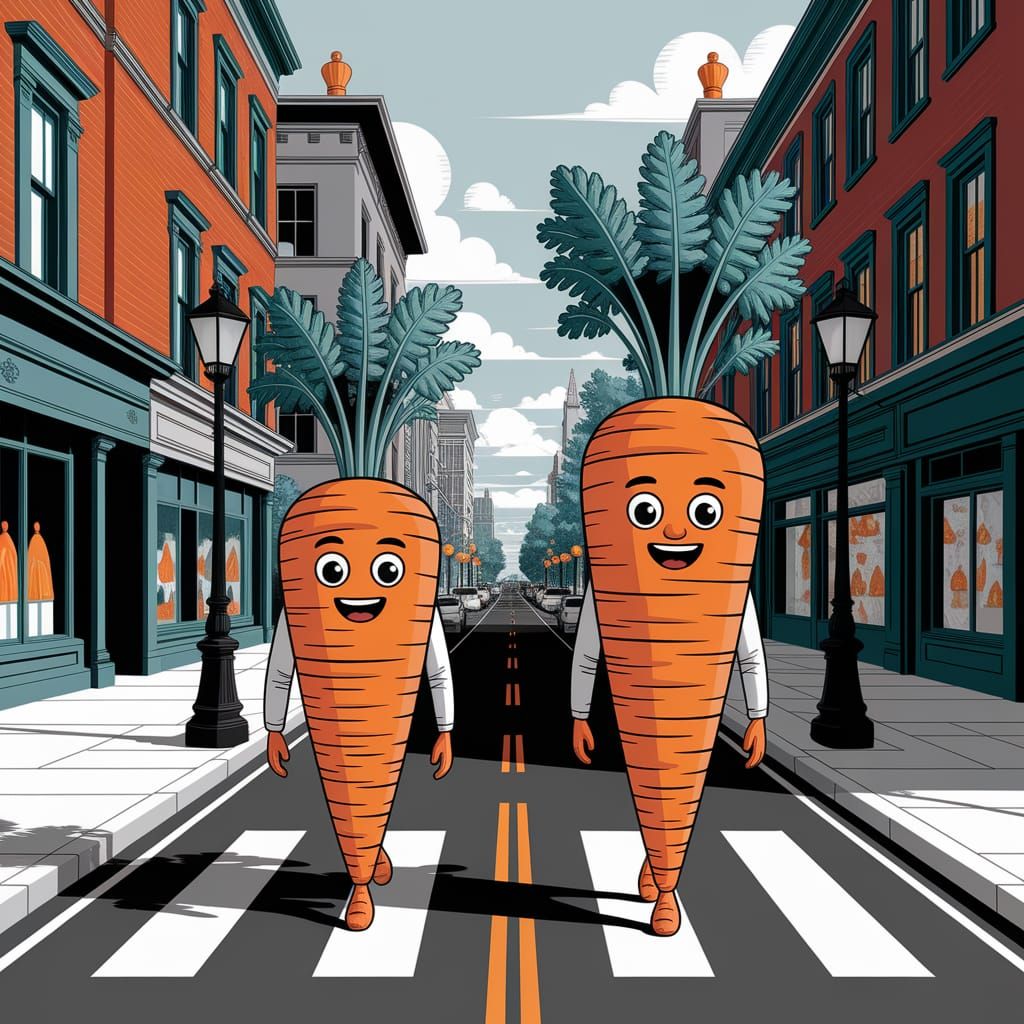 Anthropomorphic Carrots Walk Home in Orange Line Drawing Sty...