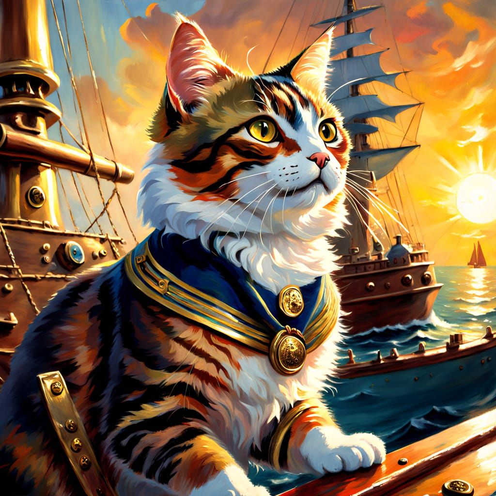 Cat on Battlecruiser as Romanticism Oil Painting