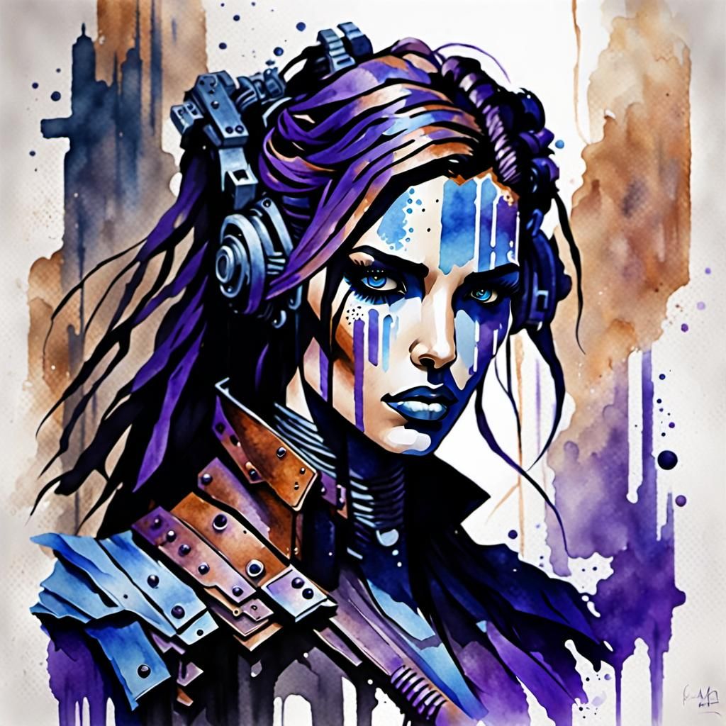 Post-Apocalyptic Android Girl Racer as Watercolor Sketch