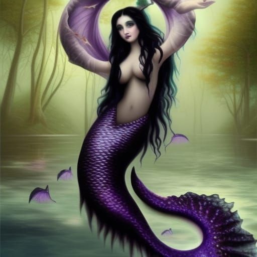 Ethereal gothic mermaid with long black hair& Beautiful purple eyes& black mermaid tail with purple accents& mermaid vib...