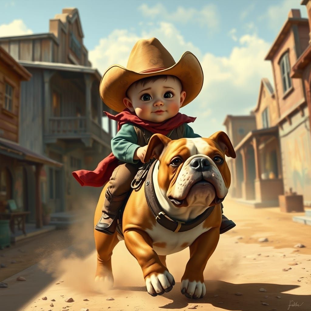 Baby Cowboy Rides Bulldog in Wild West Town
