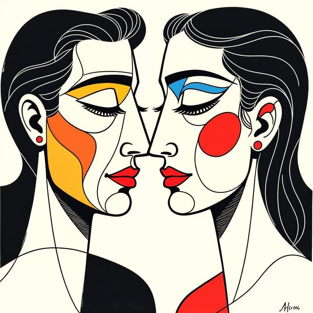 Minimalist Line Art: Two Faces Gently Touching