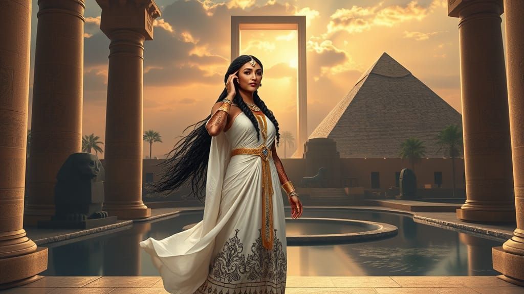 Egyptian Queen Receives Call in Temple, Digital Art