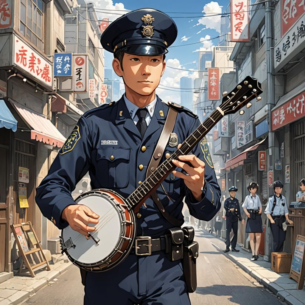 Policeman Plays Banjo in Anime Style