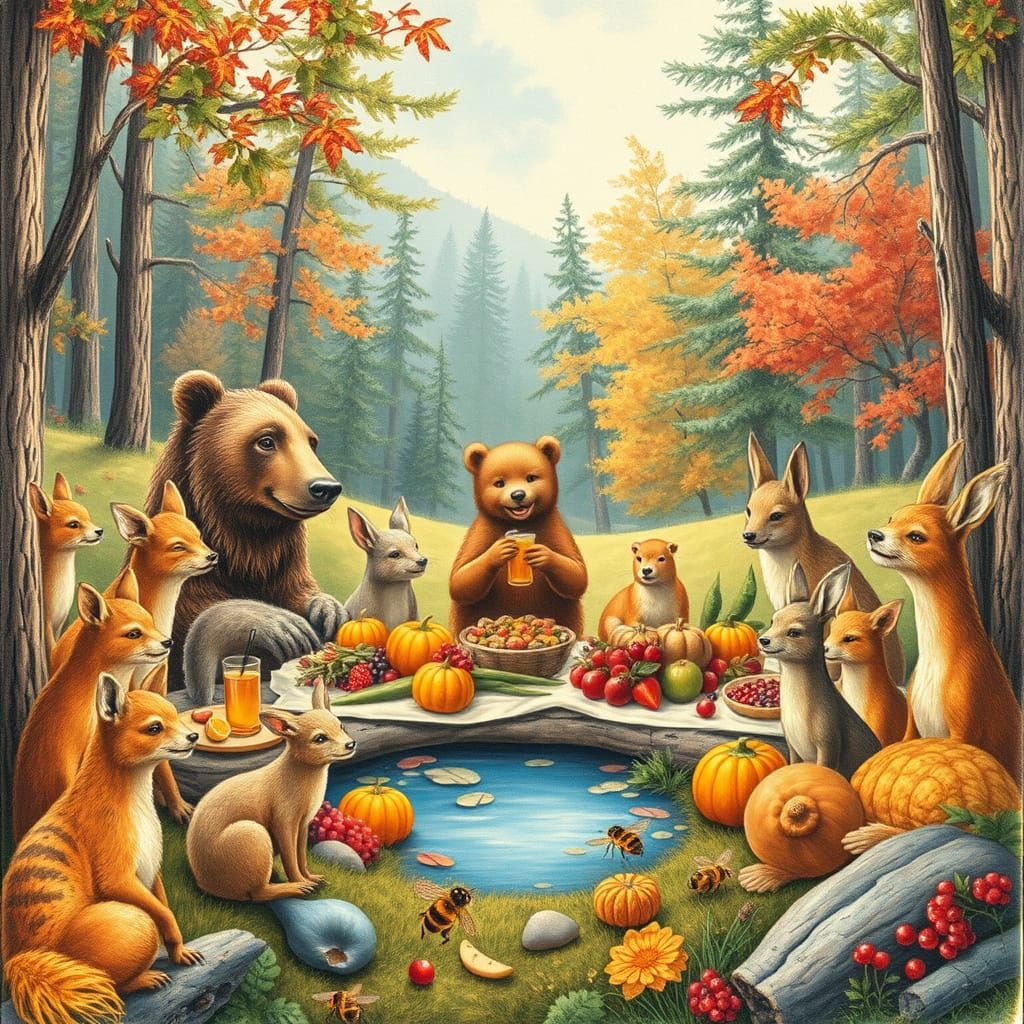 Animals Celebrate Thanksgiving in Sun-Dappled Glen