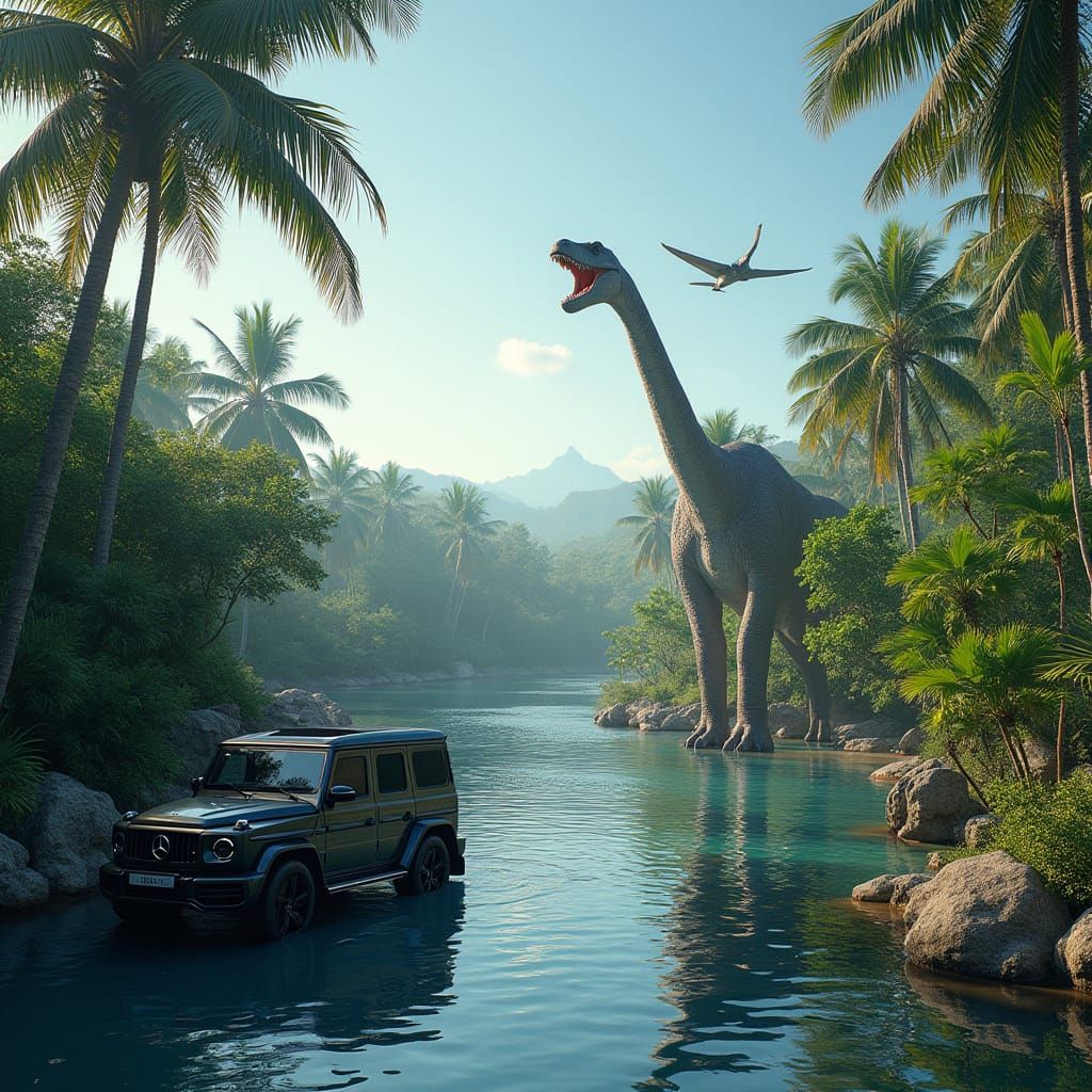 Tropical Dinosaur Landscape with Luxury Cars