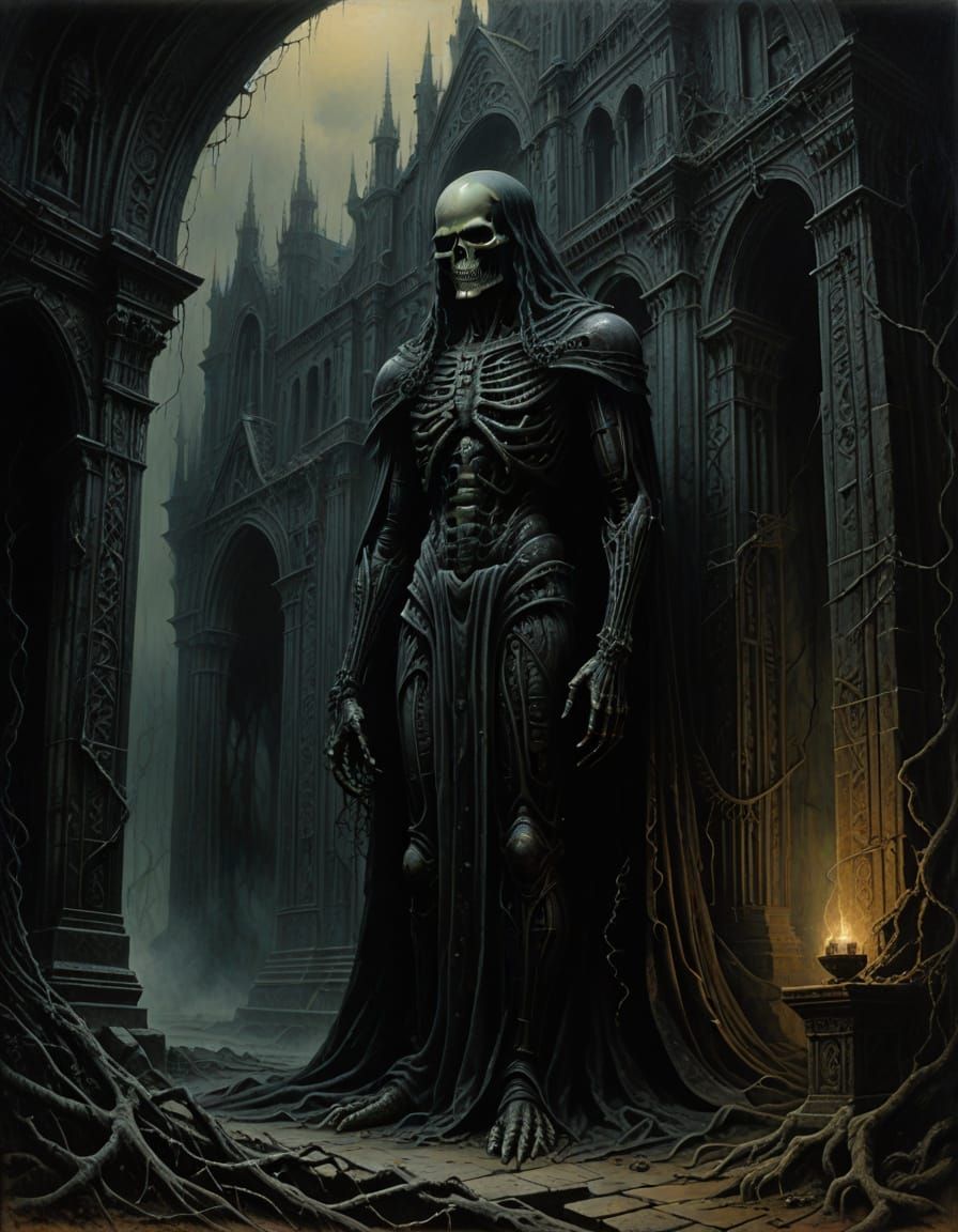 Gothic Mysticism Figure in Ruined Cathedral