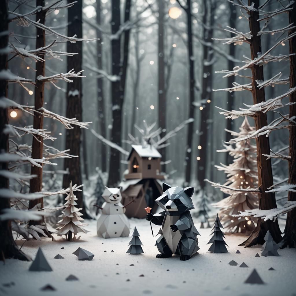 Raccoon Builds Snowman in Dark Ambient Photo