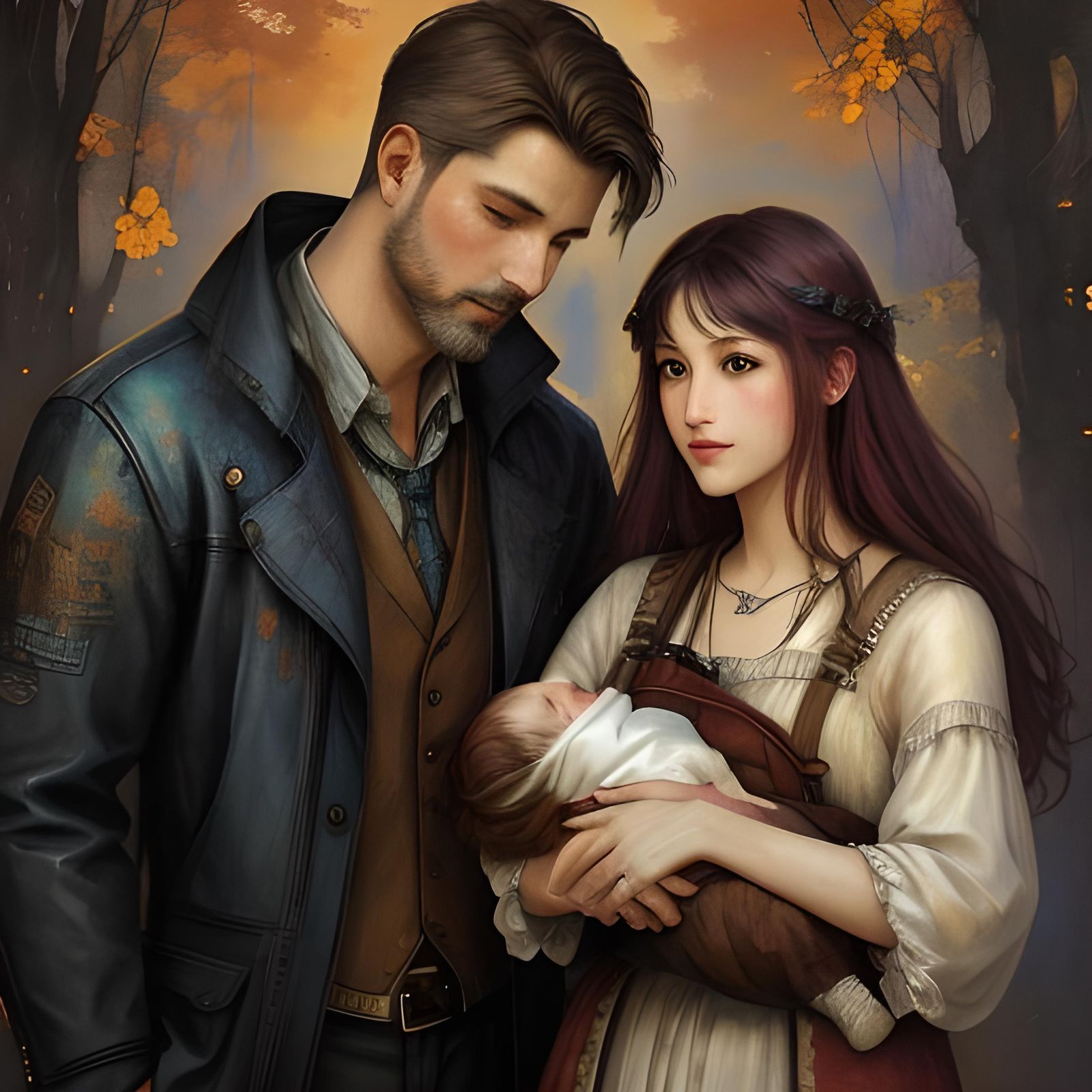 Proud Parents Embrace New Baby: Ink and Watercolor