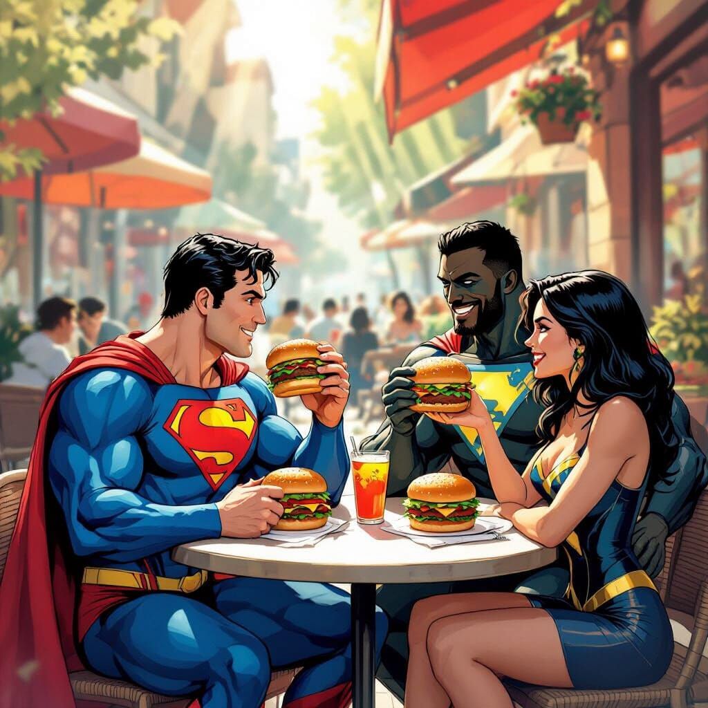 Superheroes Enjoy Casual Meal at Outdoor Cafe