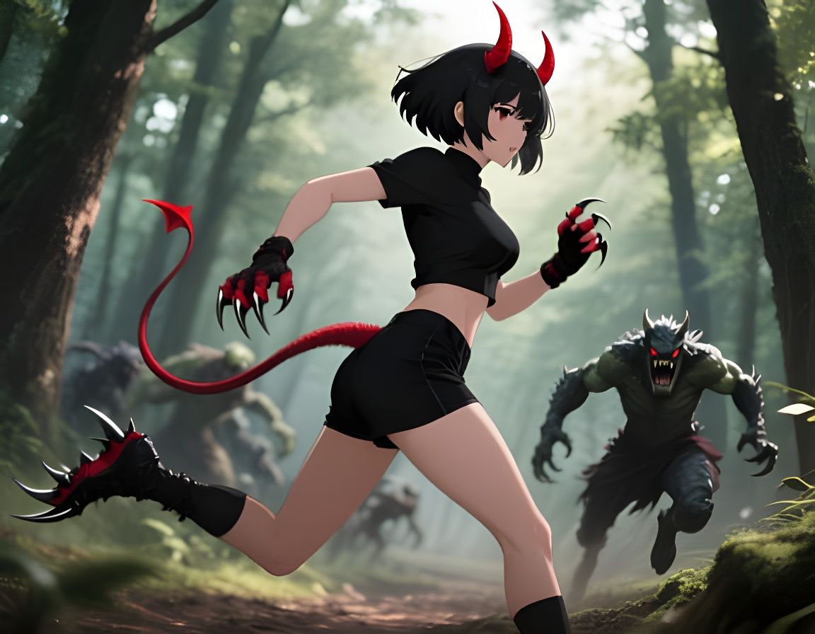 Anime Warrior Battles Demons in a Dark Forest