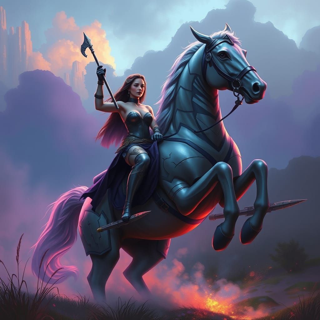 Armored Woman Jousting on Spectral Horse in Dreamy Style