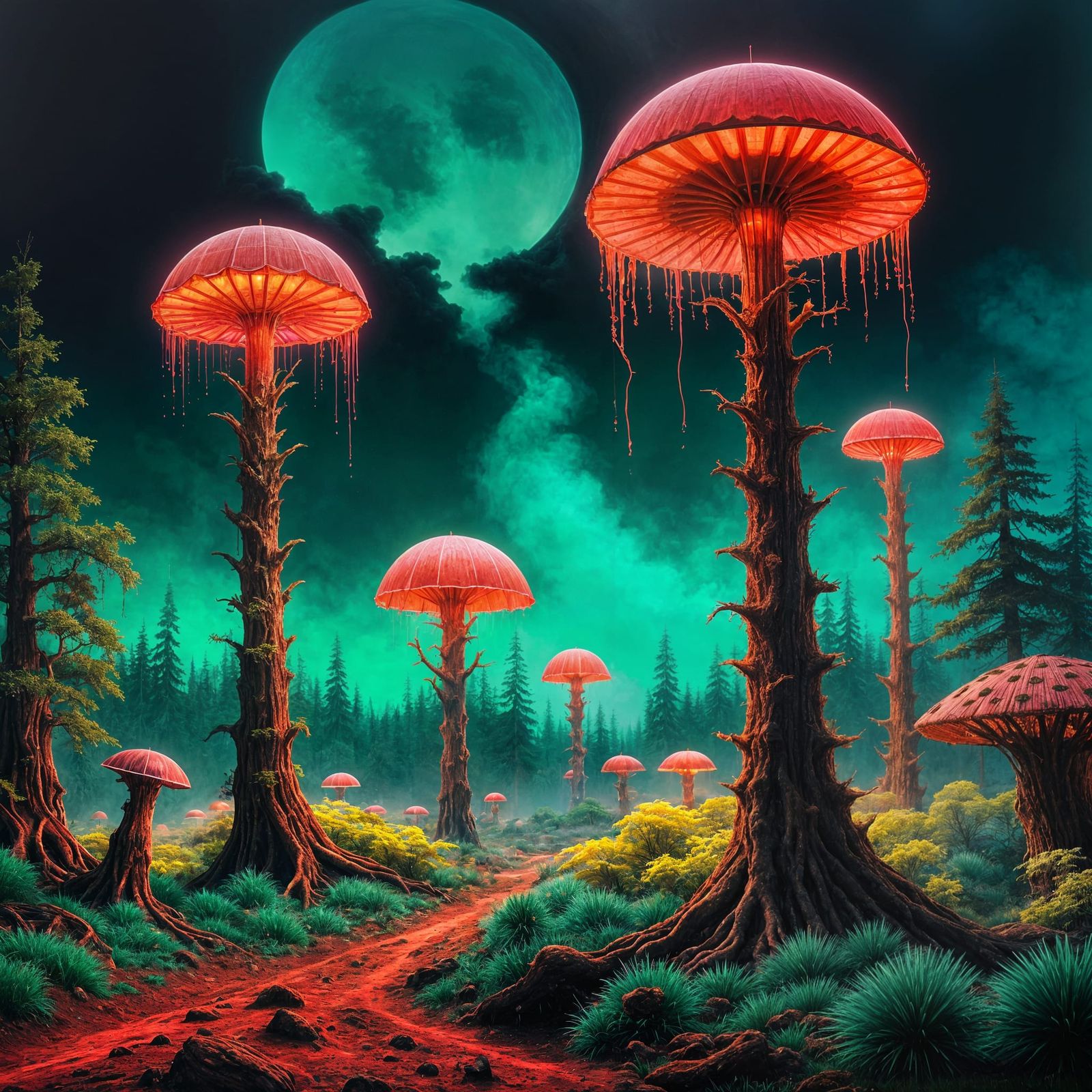 Glowing Giant Mushrooms in Cinematic Forest Scene