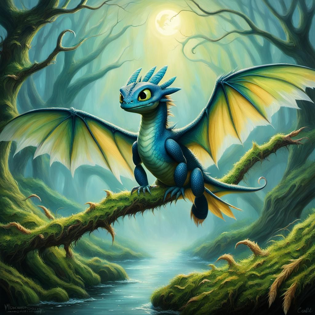 Mystical Stormfly on Mossy Branch in Whimsical Oil Painting
