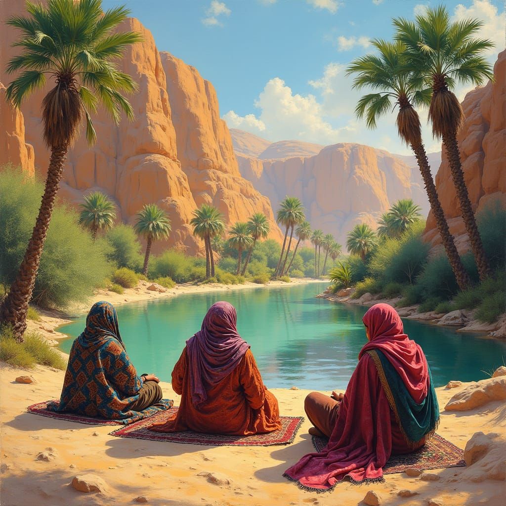 Desert Oasis Scene in Impressionist Style