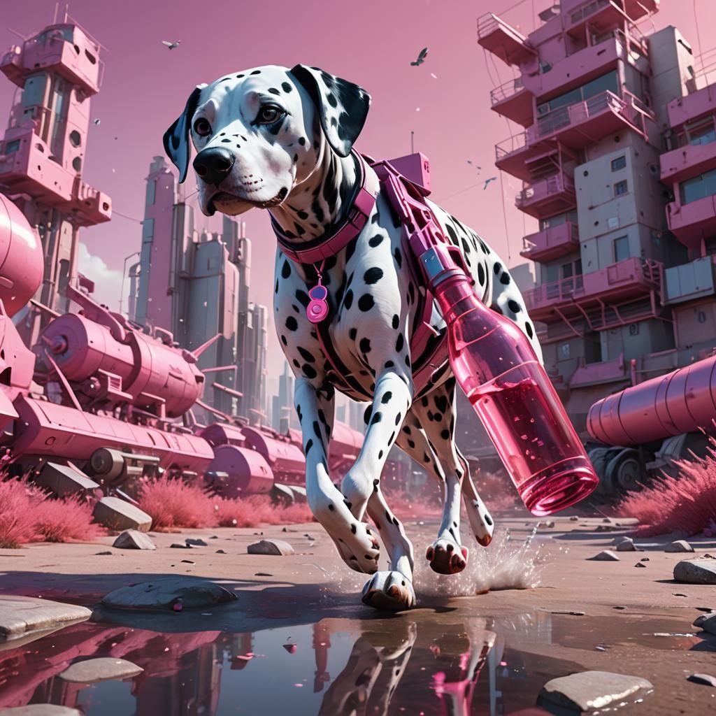 Dalmatian's Dystopian Dash with Ship: Cinematic 3D Art