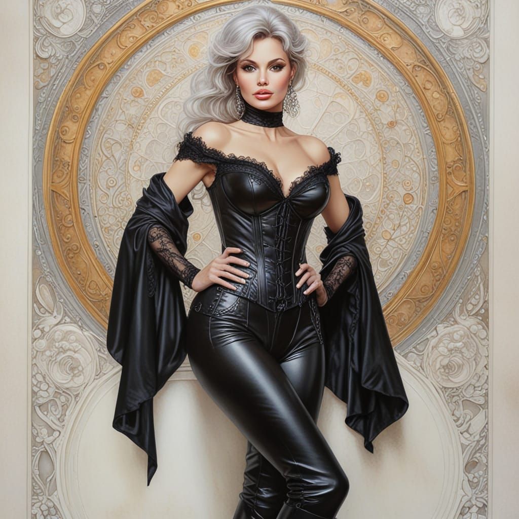 Silver Haired Pinup Woman in Art Nouveau Style