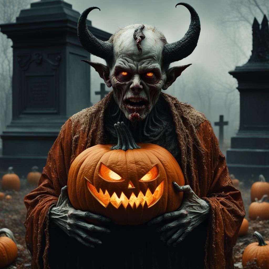 Devil Zombie Pumpkin Monster in Haunted Graveyard