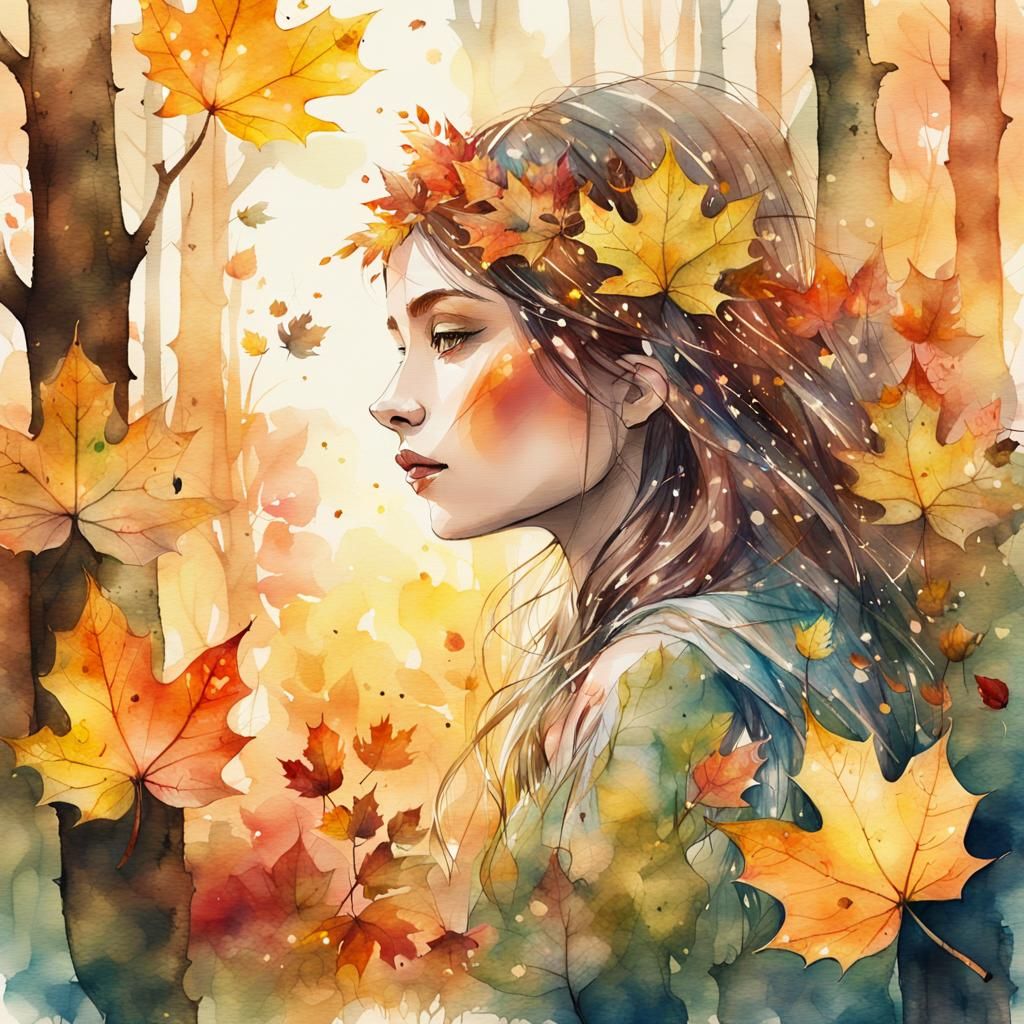 Fairy Amidst Autumn Leaves: Whimsical Watercolor Art