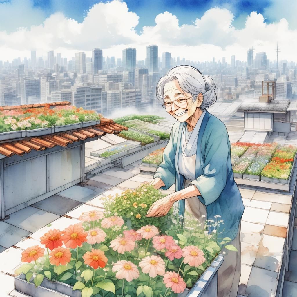 Elderly Woman's Rooftop Garden: Vivid Manga Watercolor