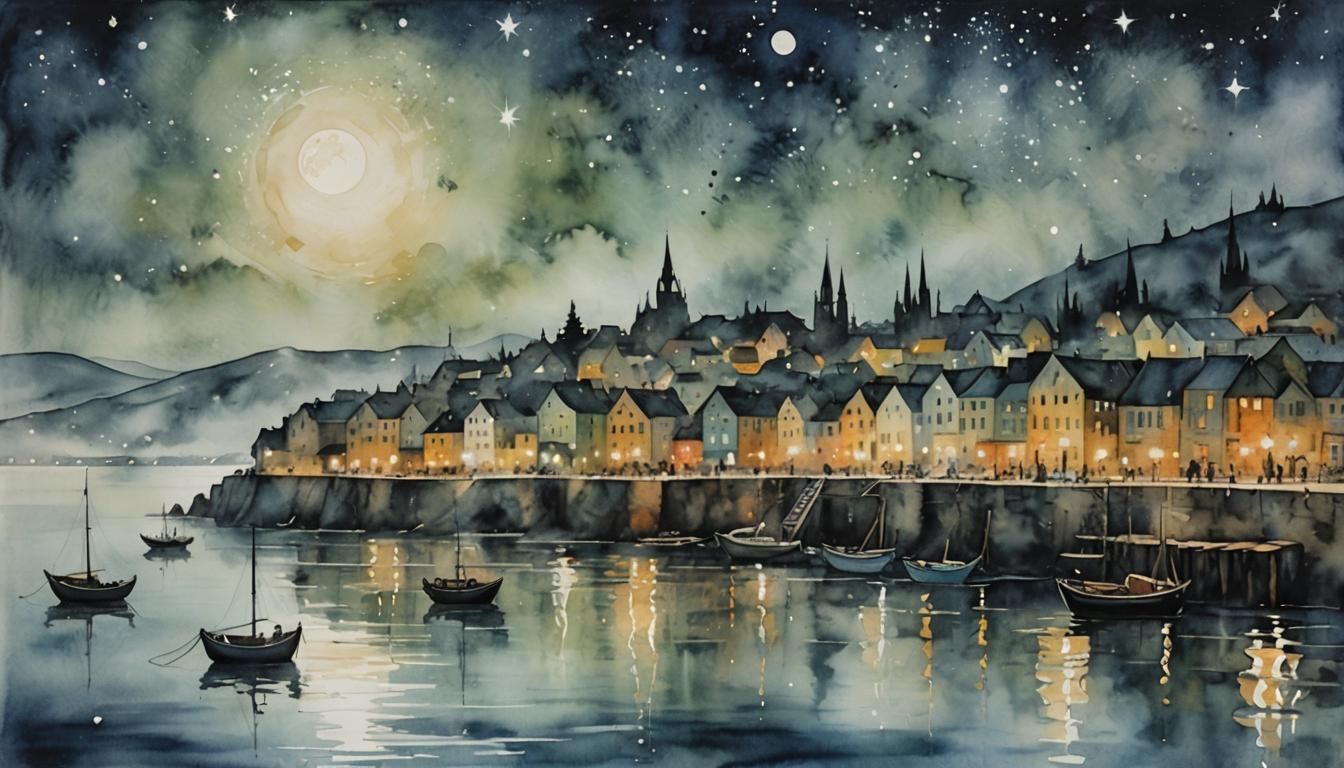 Luminous Fishing Village in Fog: Watercolor and Encaustic