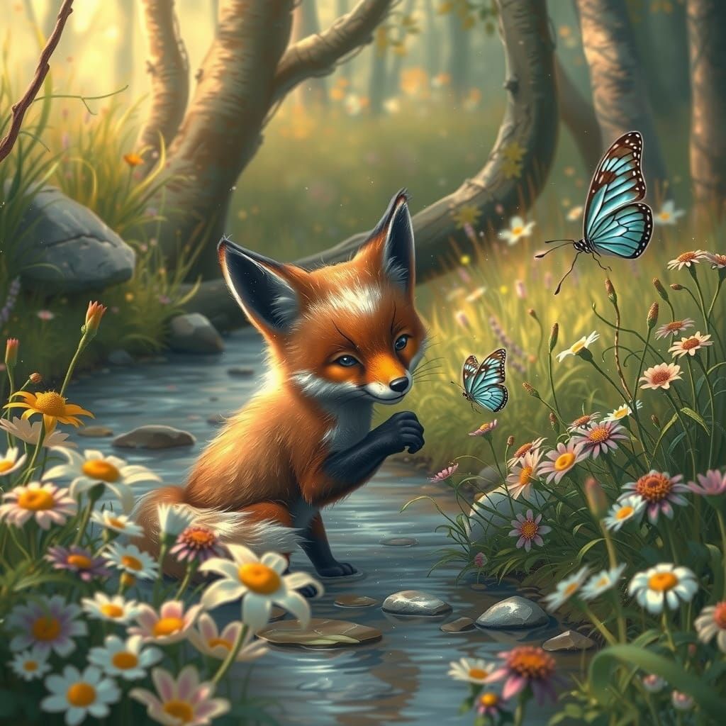 Whimsical Fox Chases Delicate Butterfly in Enchanted Forest