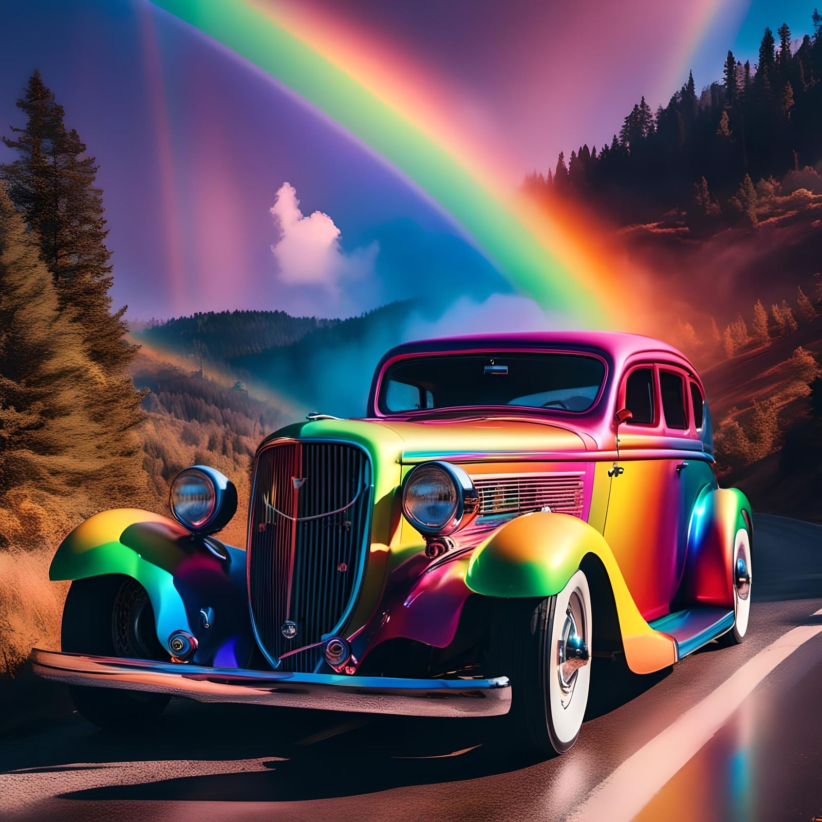 Rainbow Hotrod in Synthwave Photography Style