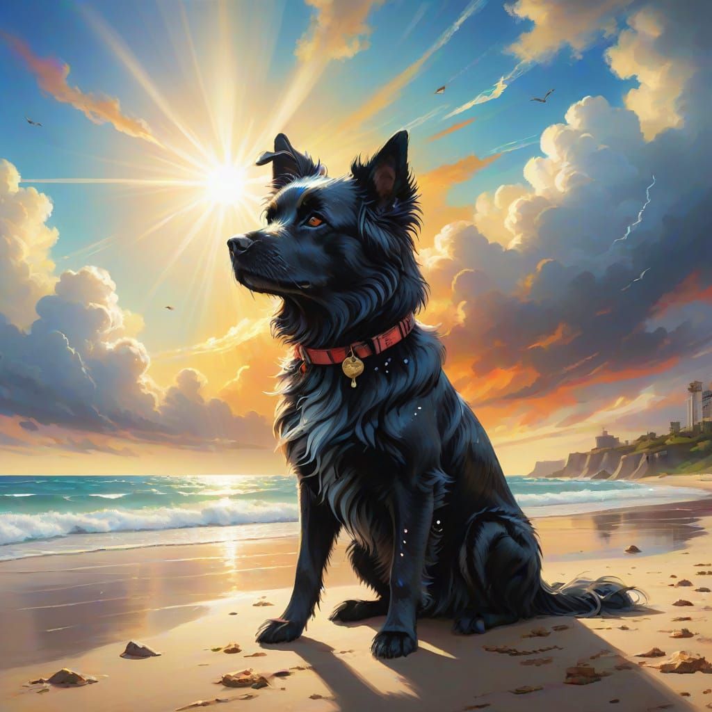 Sad Dog on Beach Watched by Angel in Dramatic Splash Art
