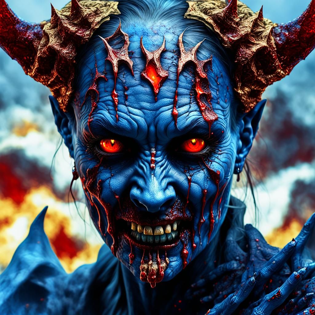 Creepy female demon, blood, horror art, macabre art, devil, behemot, HDR, 8k, polarizing filter, extremely detailed, kri...