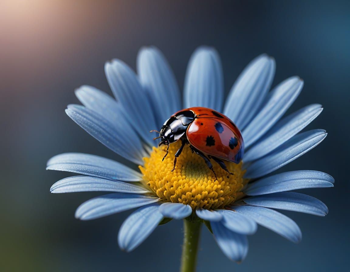 Close Up Macro Photo of Ladybird on Blue Daisy
